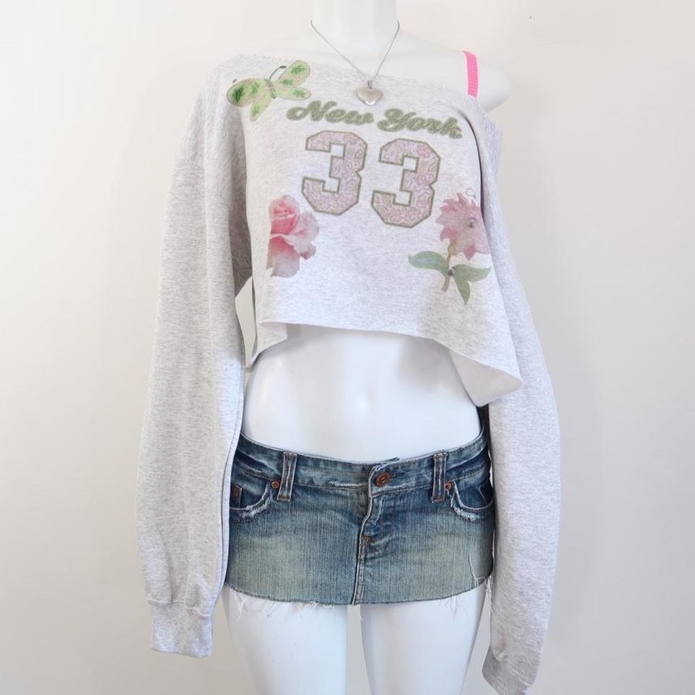y2k new york 33 butterfly off shoulder cropped sweatshirt grey